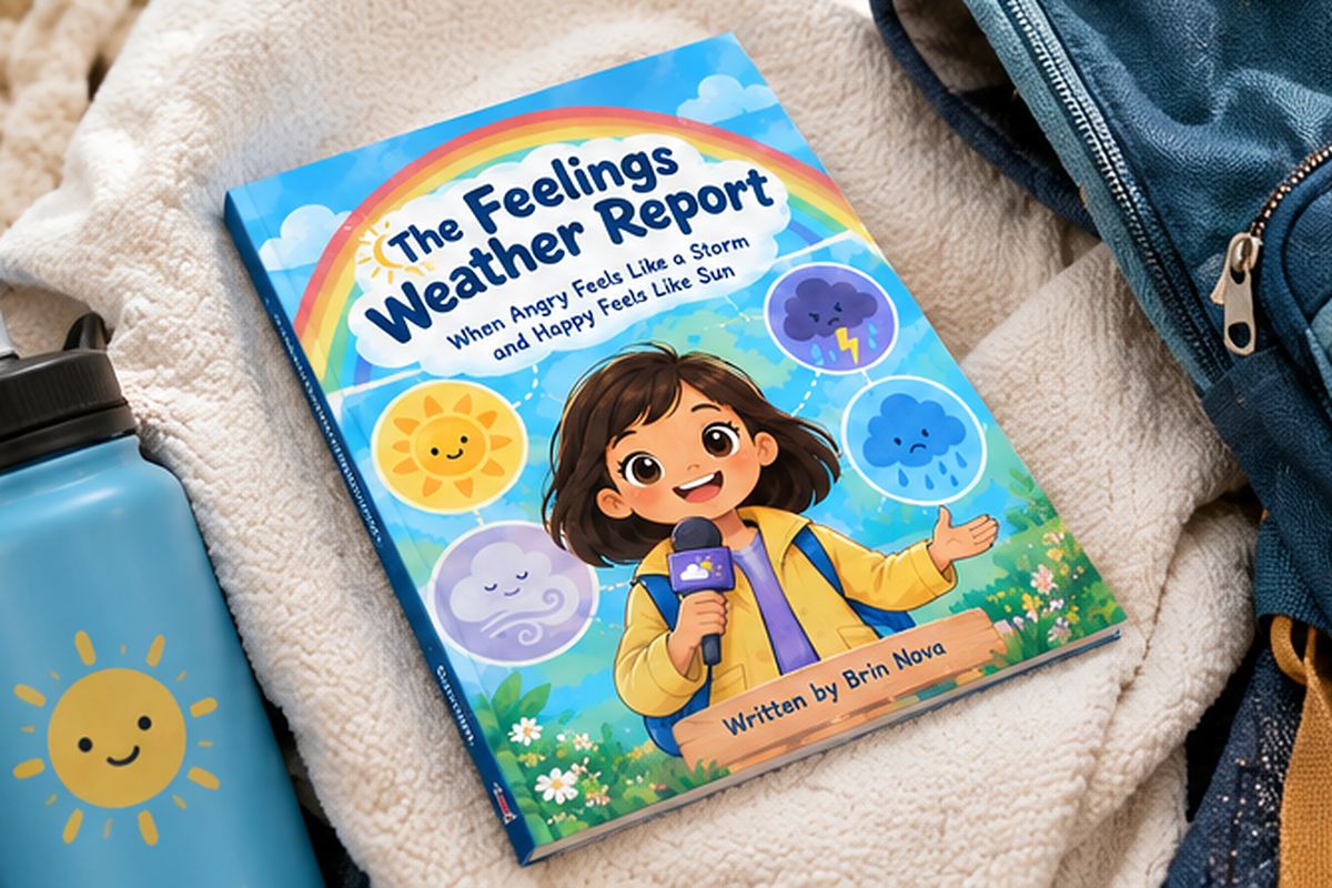 The Feelings Weather Report lying on a cream blanket beside a blue water bottle with a smiling sun on it and a school backpack