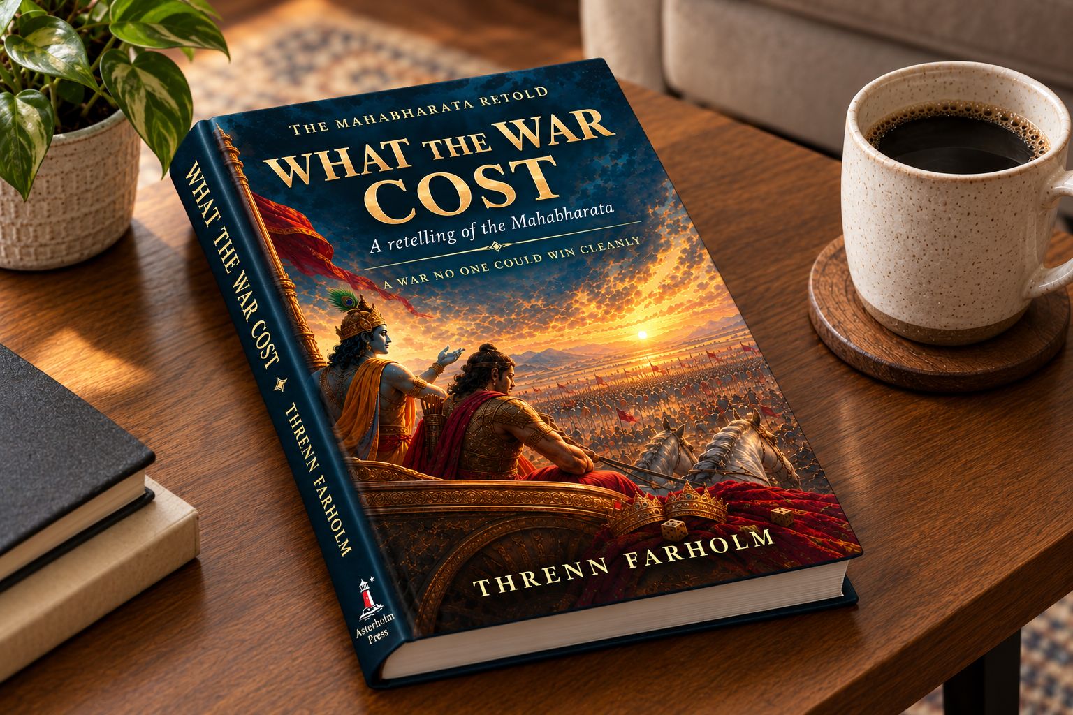 What the War Cost on a wooden side table, beside a cup of coffee and a potted plant