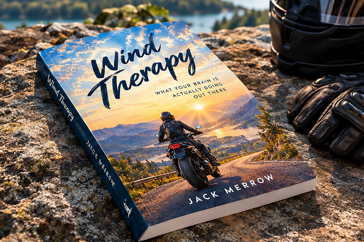 Wind Therapy resting on a sunlit rock at a mountain viewpoint, beside a motorcycle helmet and riding gloves