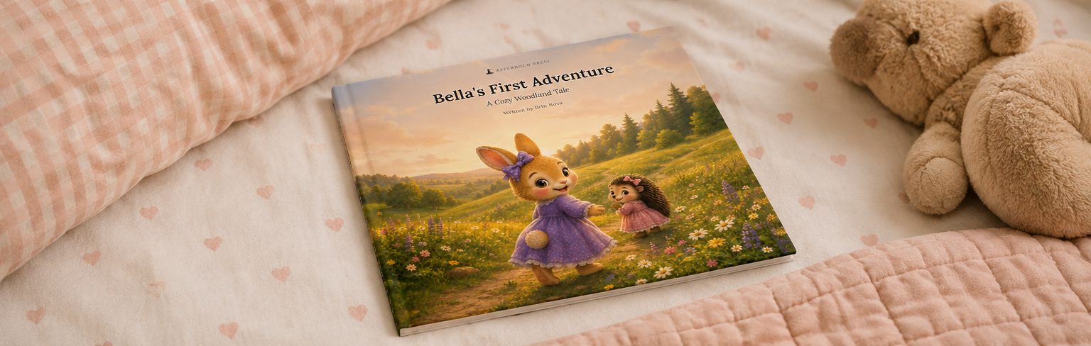 Bella's First Adventure lying on a cream bed sheet printed with little pink hearts, between a pink gingham pillow, a teddy bear and a quilted pink blanket