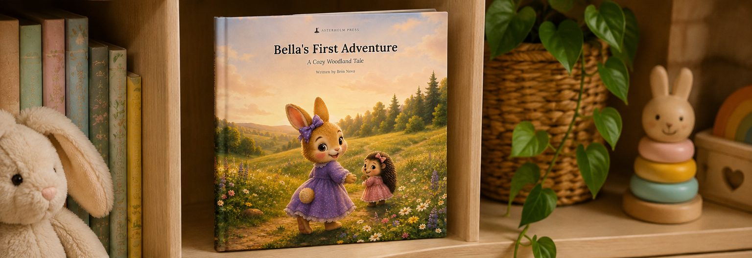 Bella's First Adventure standing on a light wooden nursery shelf, between a plush bunny and pastel storybooks on one side and a basket with a trailing plant and a wooden stacking-ring bunny on the other