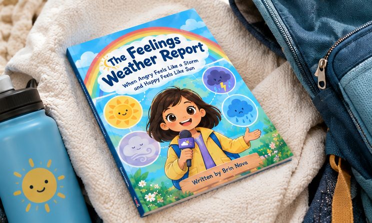 The Feelings Weather Report lying on a cream blanket beside a blue water bottle with a smiling sun on it and a blue backpack