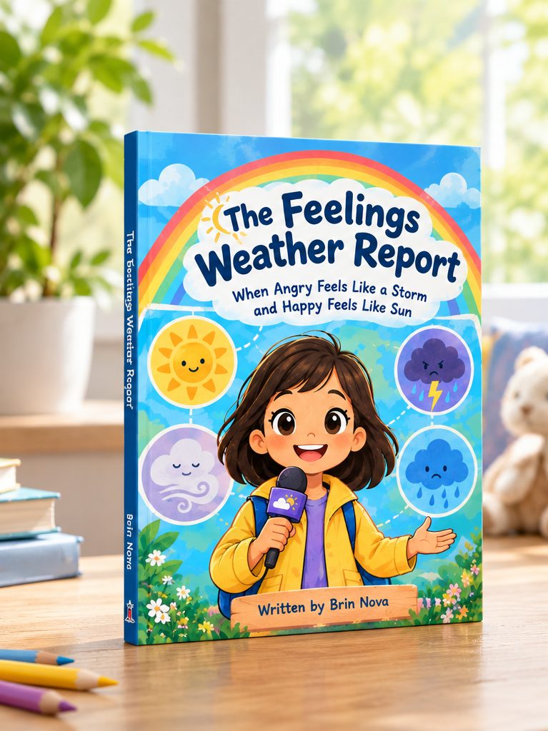The Feelings Weather Report standing on a wooden desk by a sunny window, with a houseplant, a stack of books, a plush toy and coloured pencils