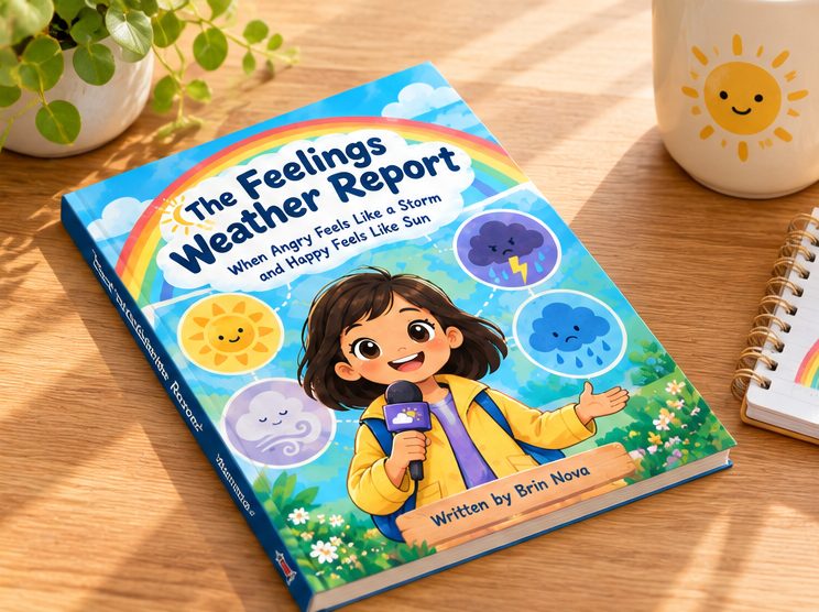 The Feelings Weather Report lying on a wooden desk in dappled sunlight, beside a mug with a smiling sun on it, a spiral notebook and a small plant