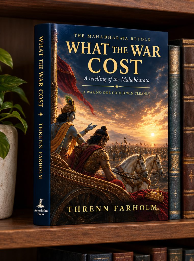 What the War Cost standing upright on a dark wooden bookshelf beside a houseplant and other books