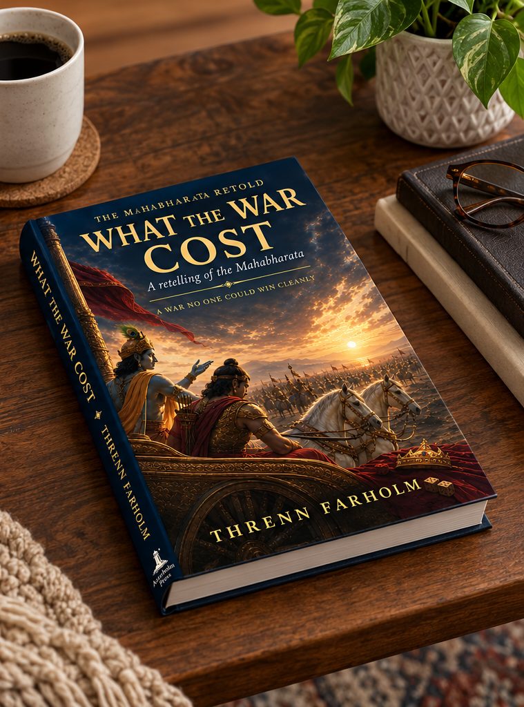 What the War Cost lying on a wooden side table beside a cup of coffee, a potted plant and a stack of books topped with a pair of glasses
