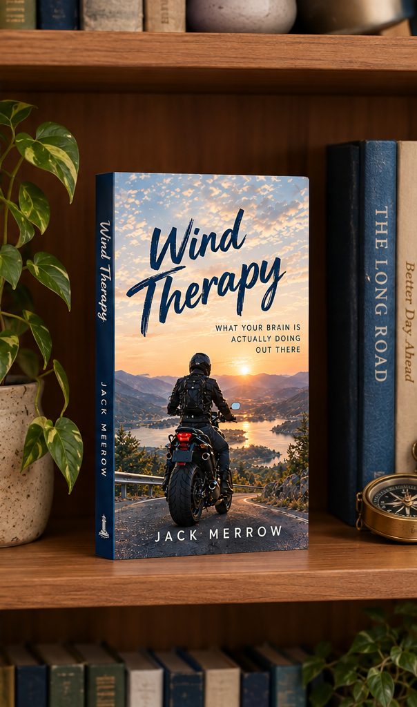 Wind Therapy standing upright on a wooden bookshelf beside a houseplant and other books