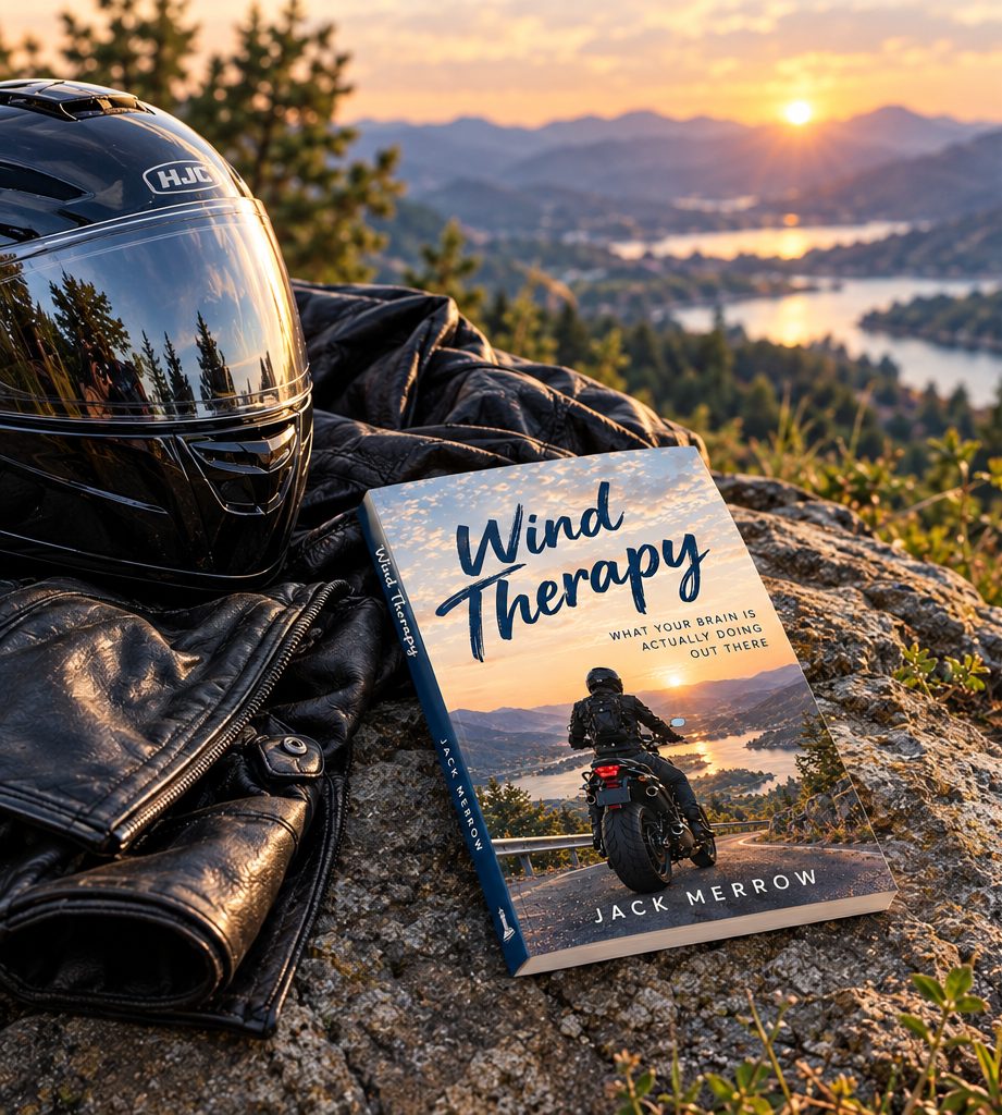 Wind Therapy propped on a rock at a mountain viewpoint at sunset, beside a motorcycle helmet and a black leather jacket, with a lake and hills behind